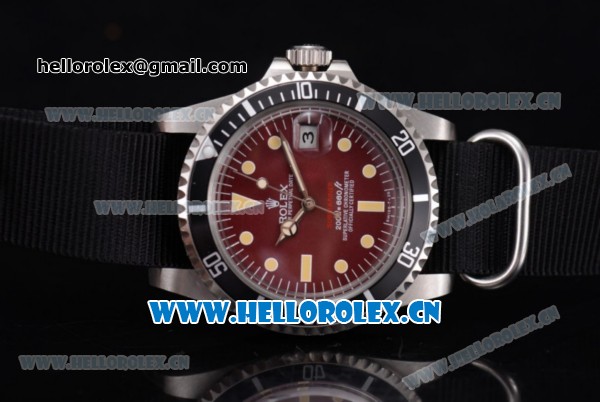 Rolex Submariner Vintage Asia 2813 Automatic Steel Case Red Dial Dot Markers and Black Nylon Strap - Click Image to Close